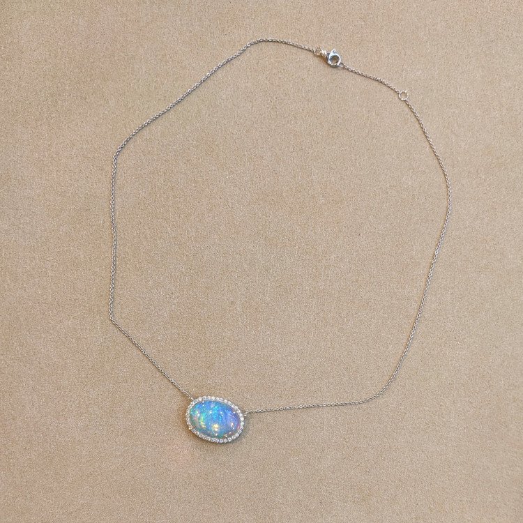 8.11 Ct. Opal Natural Diamond Pave Necklace, 14K White Gold