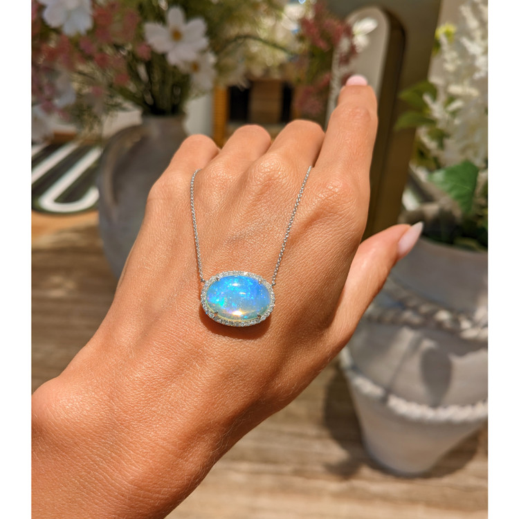 8.11 Ct. Opal Natural Diamond Pave Necklace, 14K White Gold