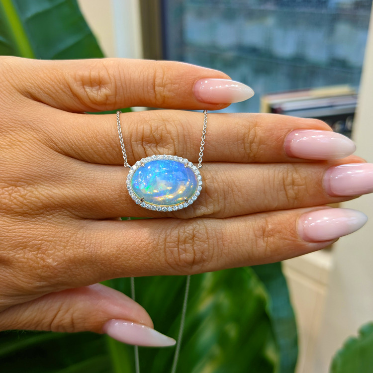 8.11 Ct. Opal Natural Diamond Pave Necklace, 14K White Gold