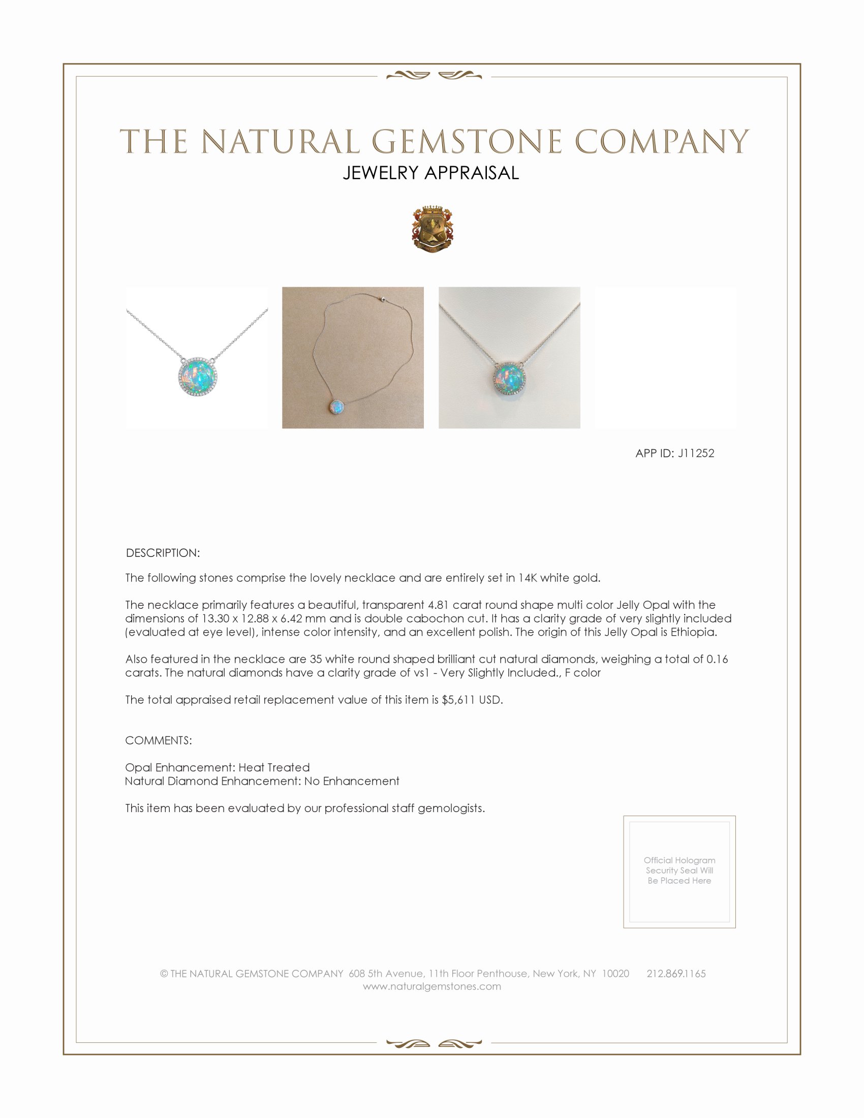 4.81 Ct. Opal Natural Diamond Pave Necklace, 14K White Gold