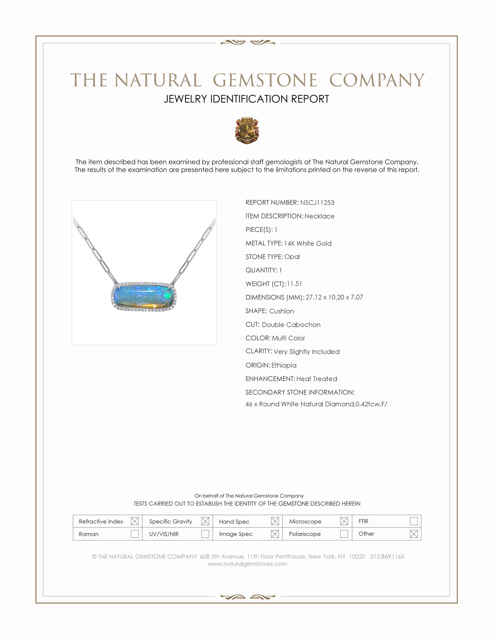 11.51 Ct. Multi Color Opal and Natural Diamond Pave Necklace, 14K White Gold