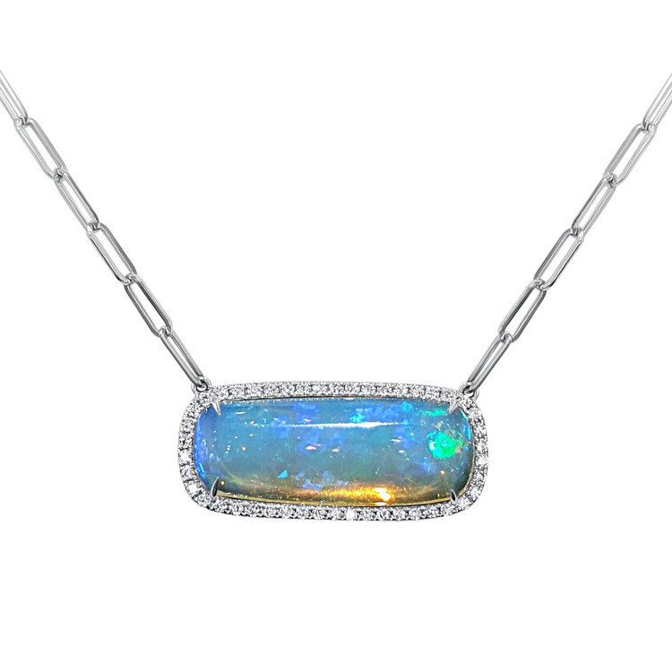 11.51 Ct. Opal Natural Diamond Pave Necklace, 14K White Gold
