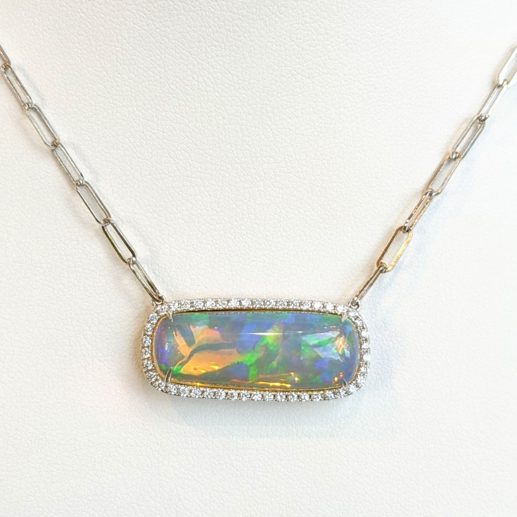 11.51 Ct. Opal Natural Diamond Pave Necklace, 14K White Gold