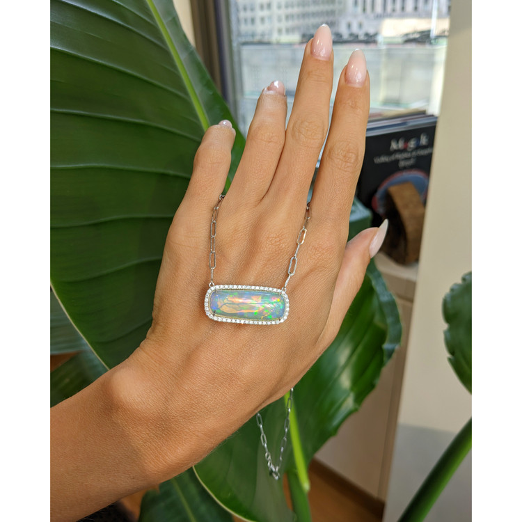 11.51 Ct. Opal Natural Diamond Pave Necklace, 14K White Gold