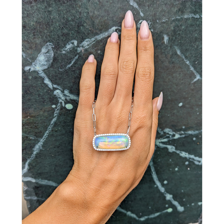 11.51 Ct. Opal Natural Diamond Pave Necklace, 14K White Gold