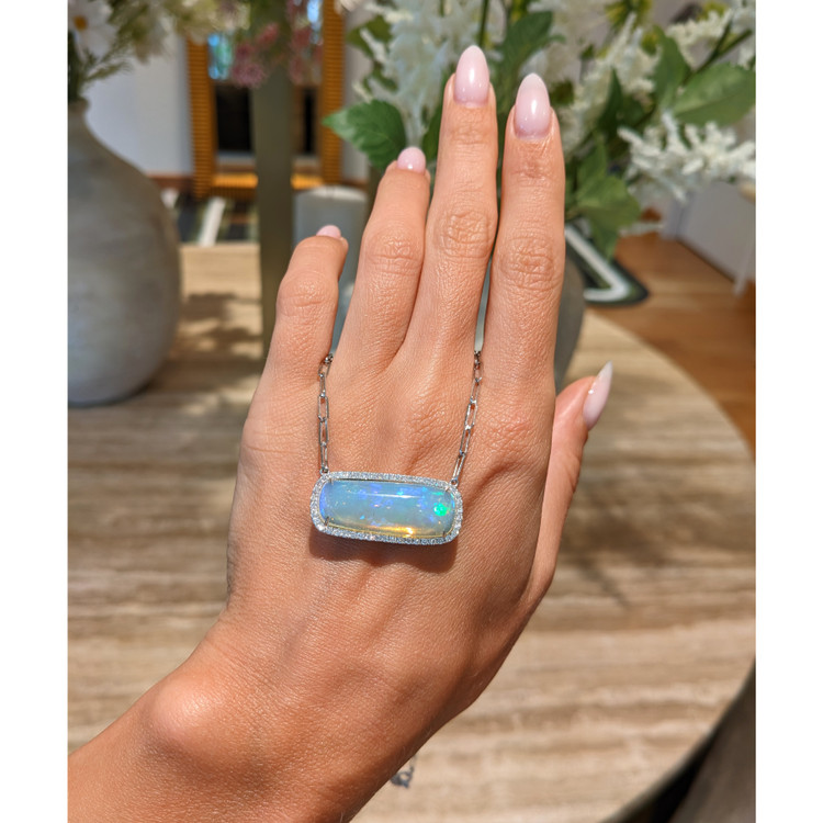 11.51 Ct. Opal Natural Diamond Pave Necklace, 14K White Gold