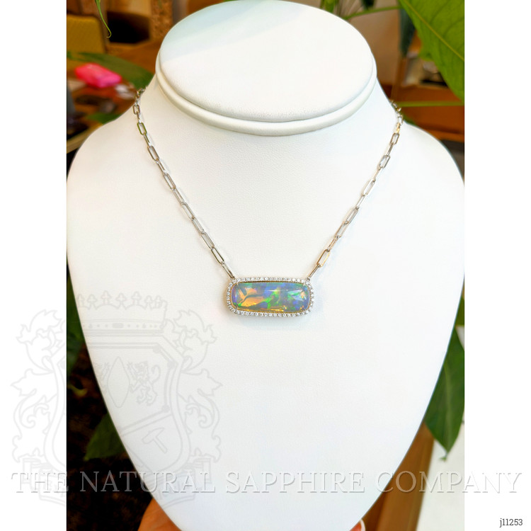 11.51 Ct. Opal Natural Diamond Pave Necklace, 14K White Gold