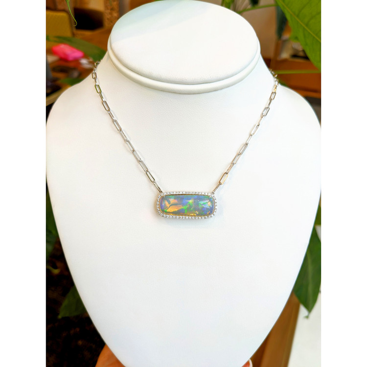 11.51 Ct. Opal Natural Diamond Pave Necklace, 14K White Gold