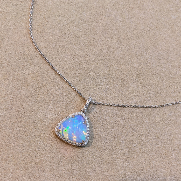 3.94 Ct. Opal Natural Diamond Pave Pendant, 14K White Gold