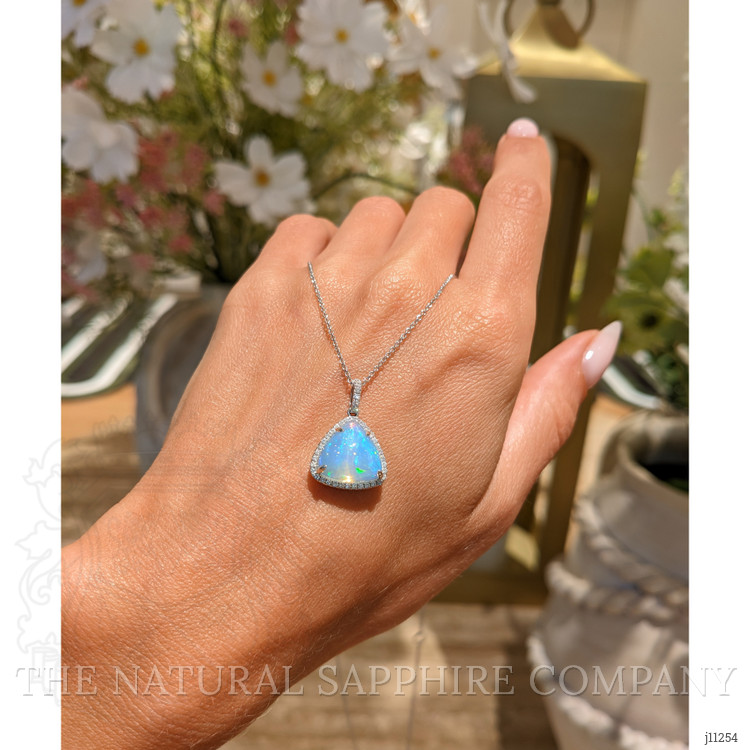 3.94 Ct. Opal Natural Diamond Pave Pendant, 14K White Gold