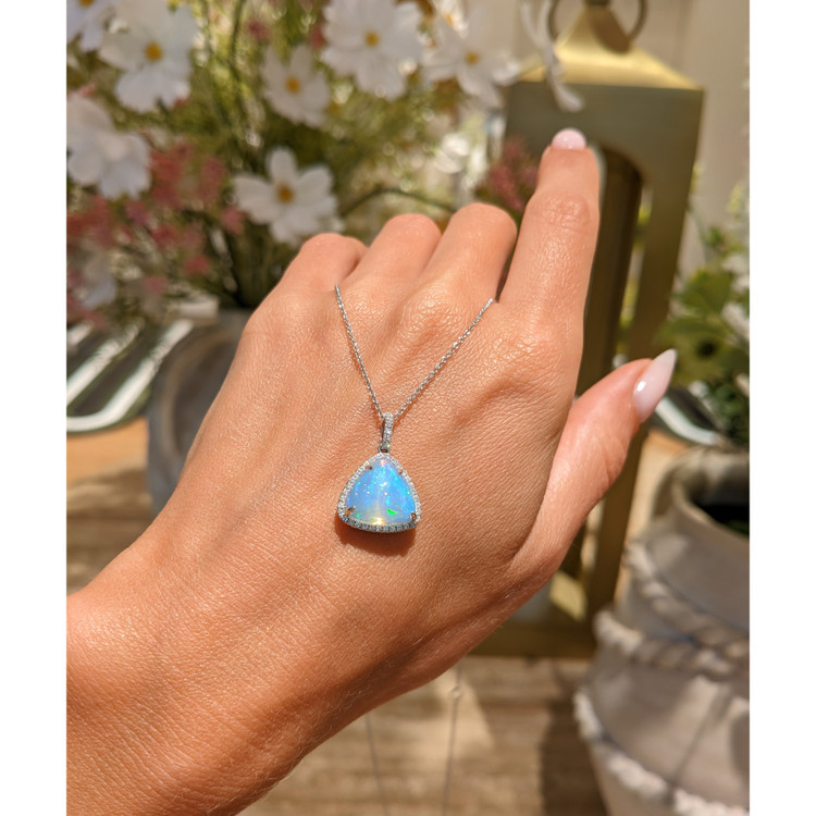 3.94 Ct. Opal Natural Diamond Pave Pendant, 14K White Gold