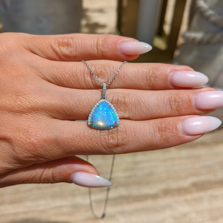 3.94 Ct. Opal Natural Diamond Pave Pendant, 14K White Gold