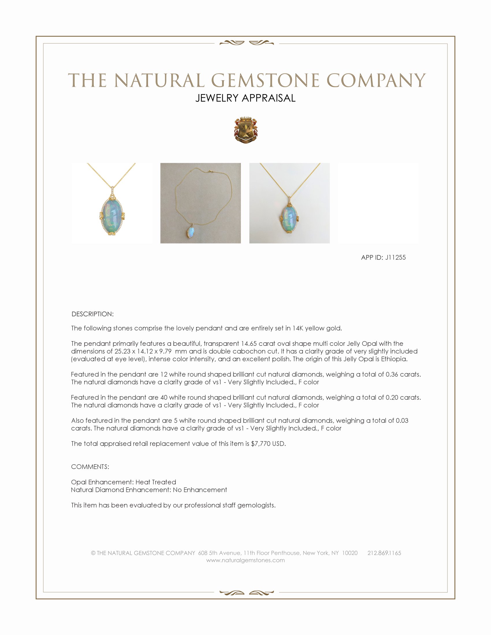 14.65 Ct. Multi Color Opal and Natural Diamond Pave Pendant, 14K Yellow Gold