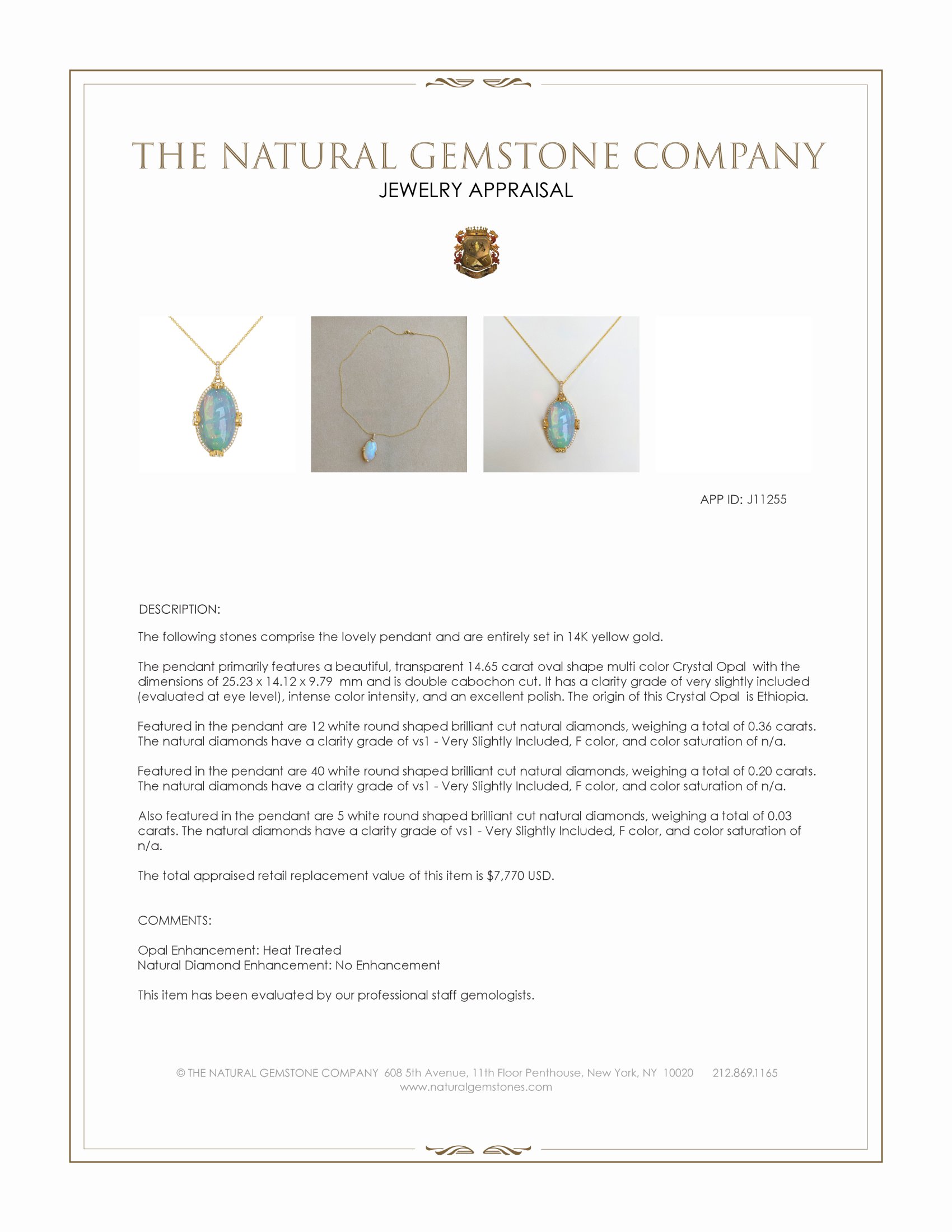 14.65 Ct. Multi Color Opal and Natural Diamond Pave Pendant, 14K Yellow Gold