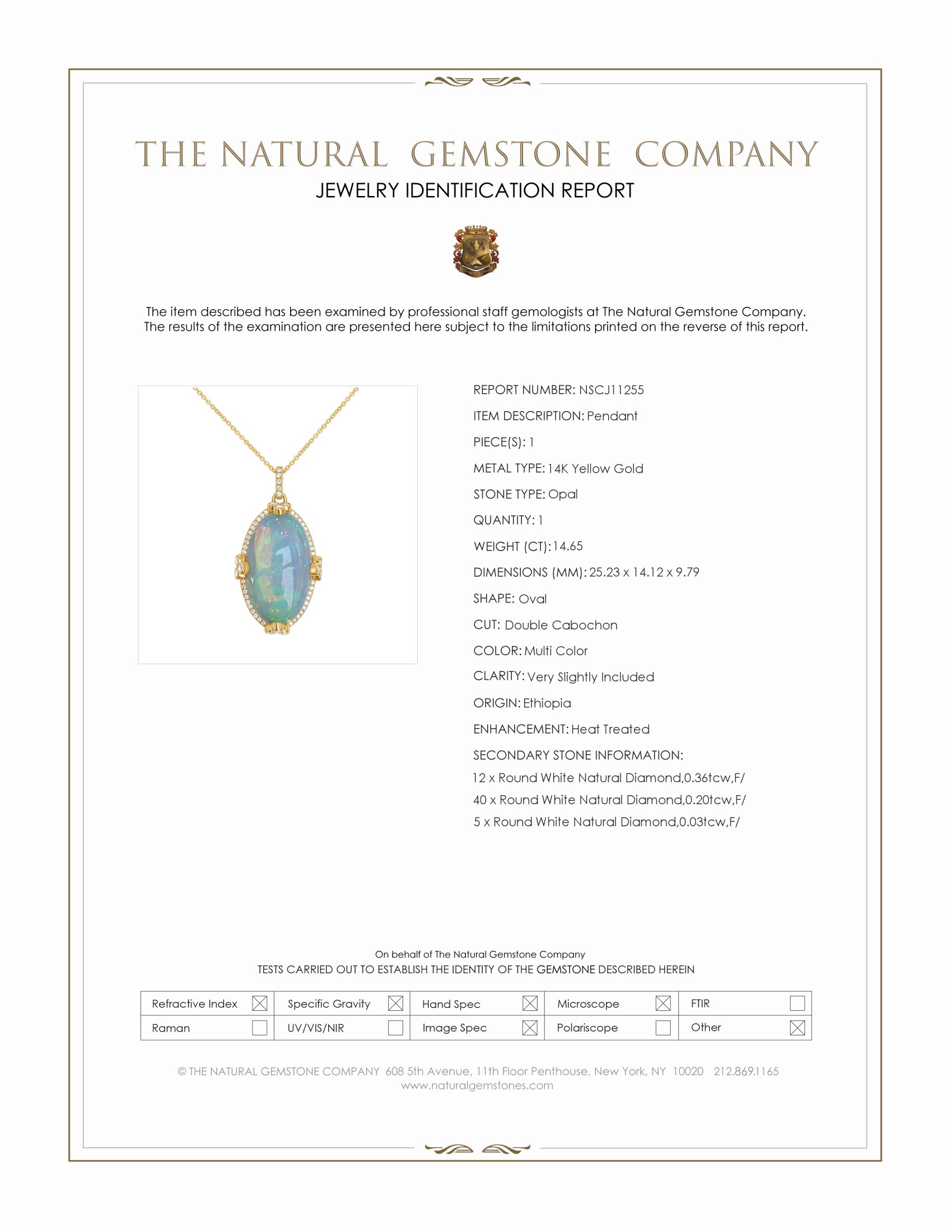 14.65 Ct. Multi Color Opal and Natural Diamond Pave Pendant, 14K Yellow Gold