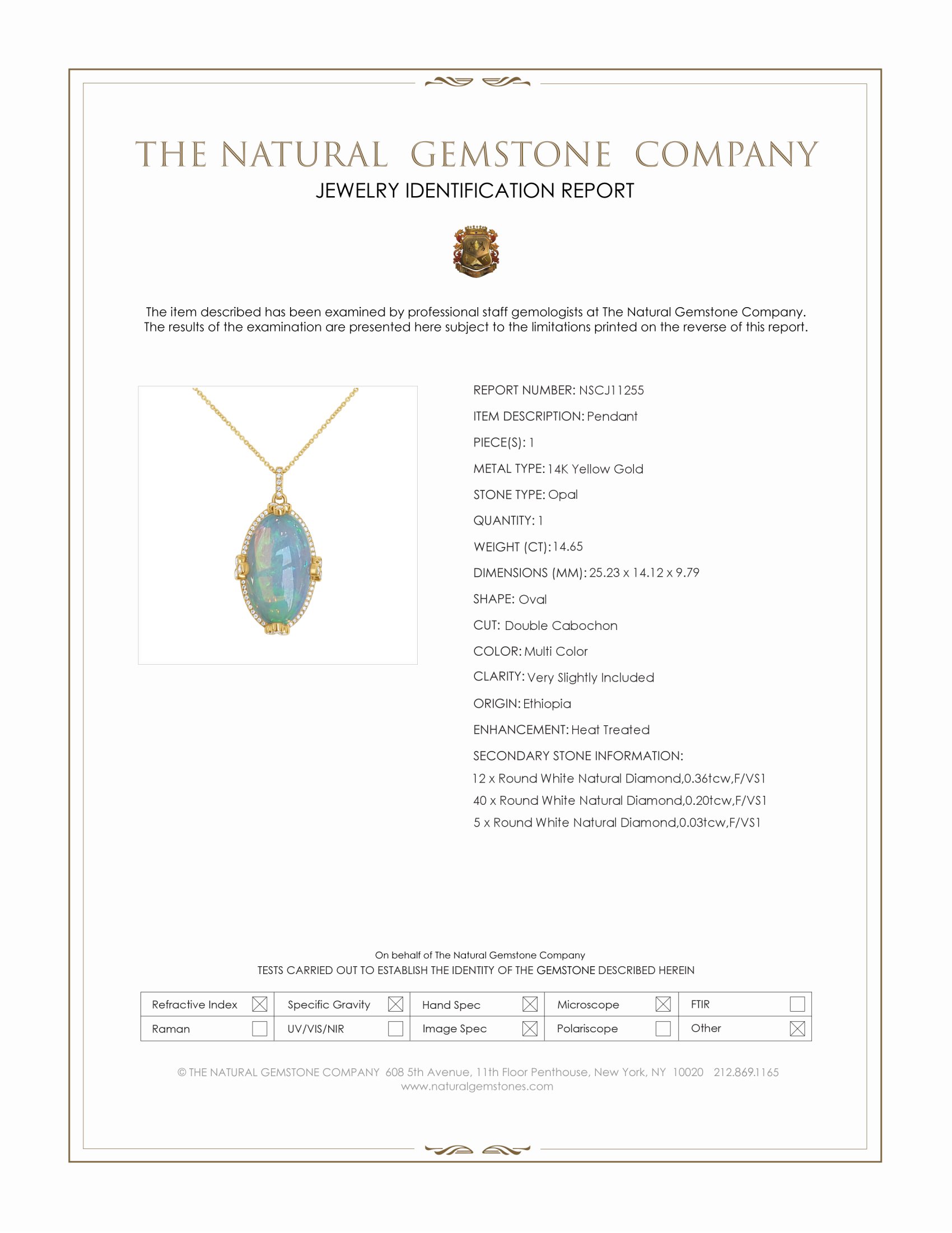 14.65 Ct. Multi Color Opal and Natural Diamond Pave Pendant, 14K Yellow Gold