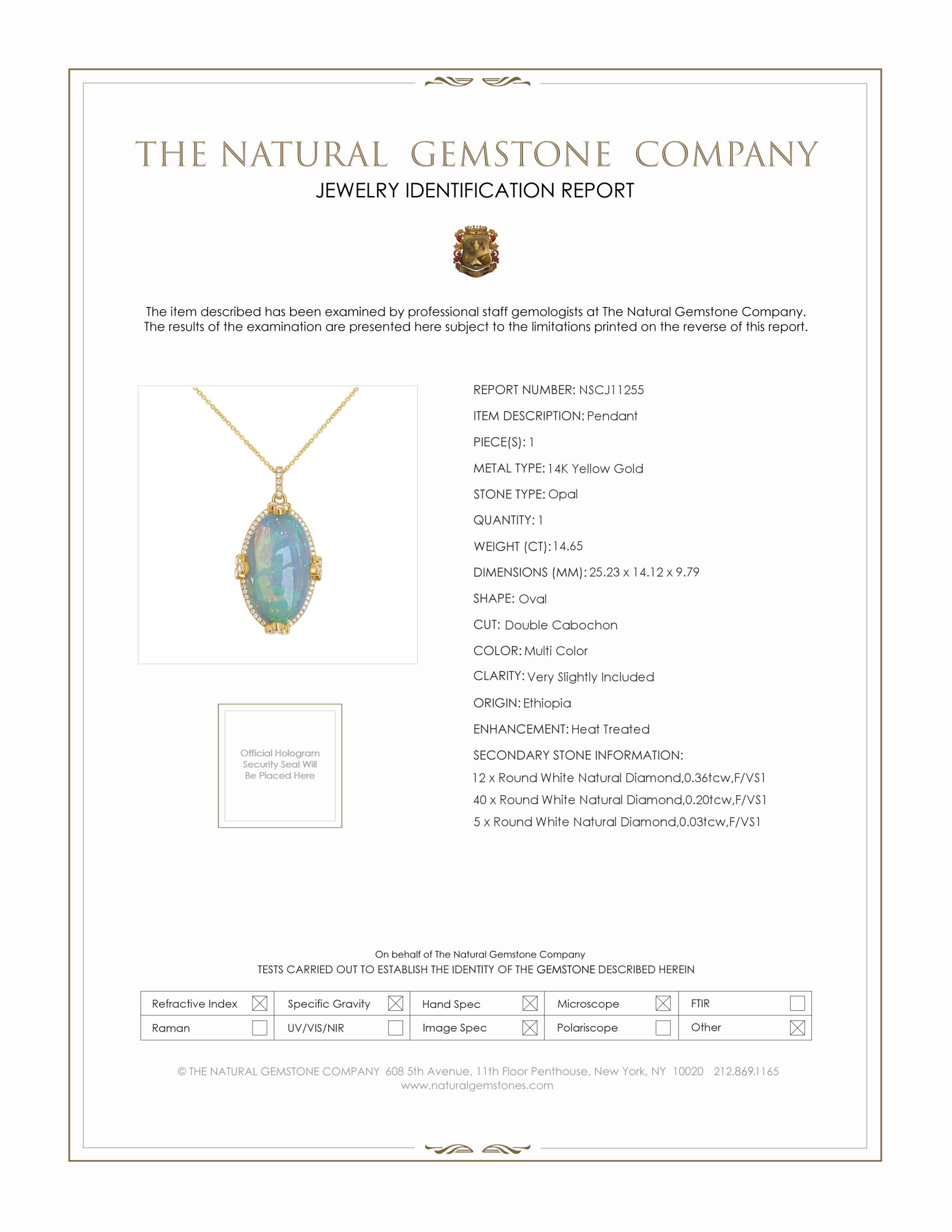 14.65 Ct. Opal Natural Diamond Pave Pendant, 14K Yellow Gold