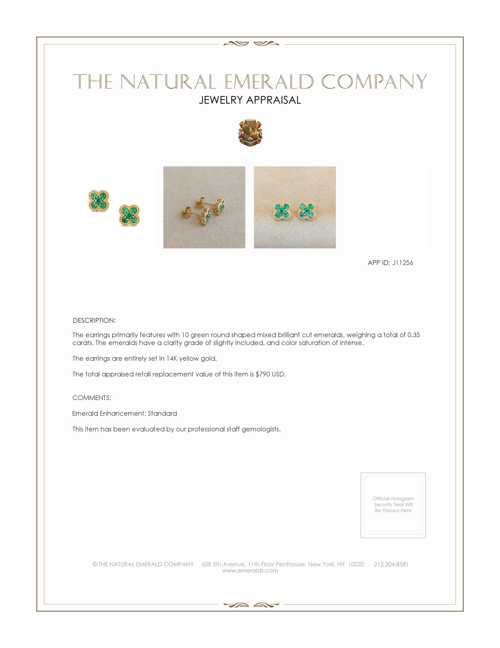 0.35 Ct.Tw. Emerald Studs Earrings, 14K Yellow Gold