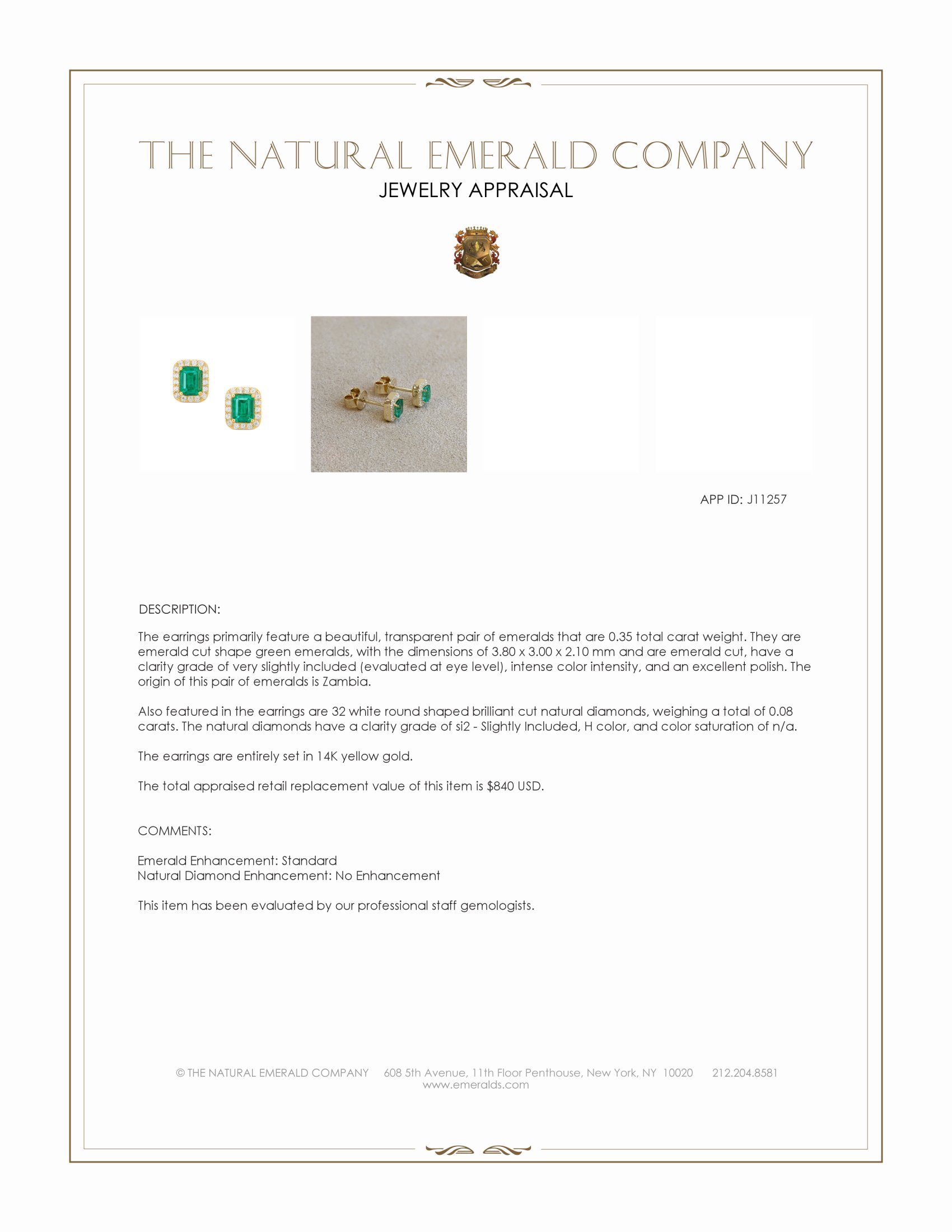 0.35 Ct.Tw. Emerald and Natural Diamond Studs Earrings, 14K Yellow Gold