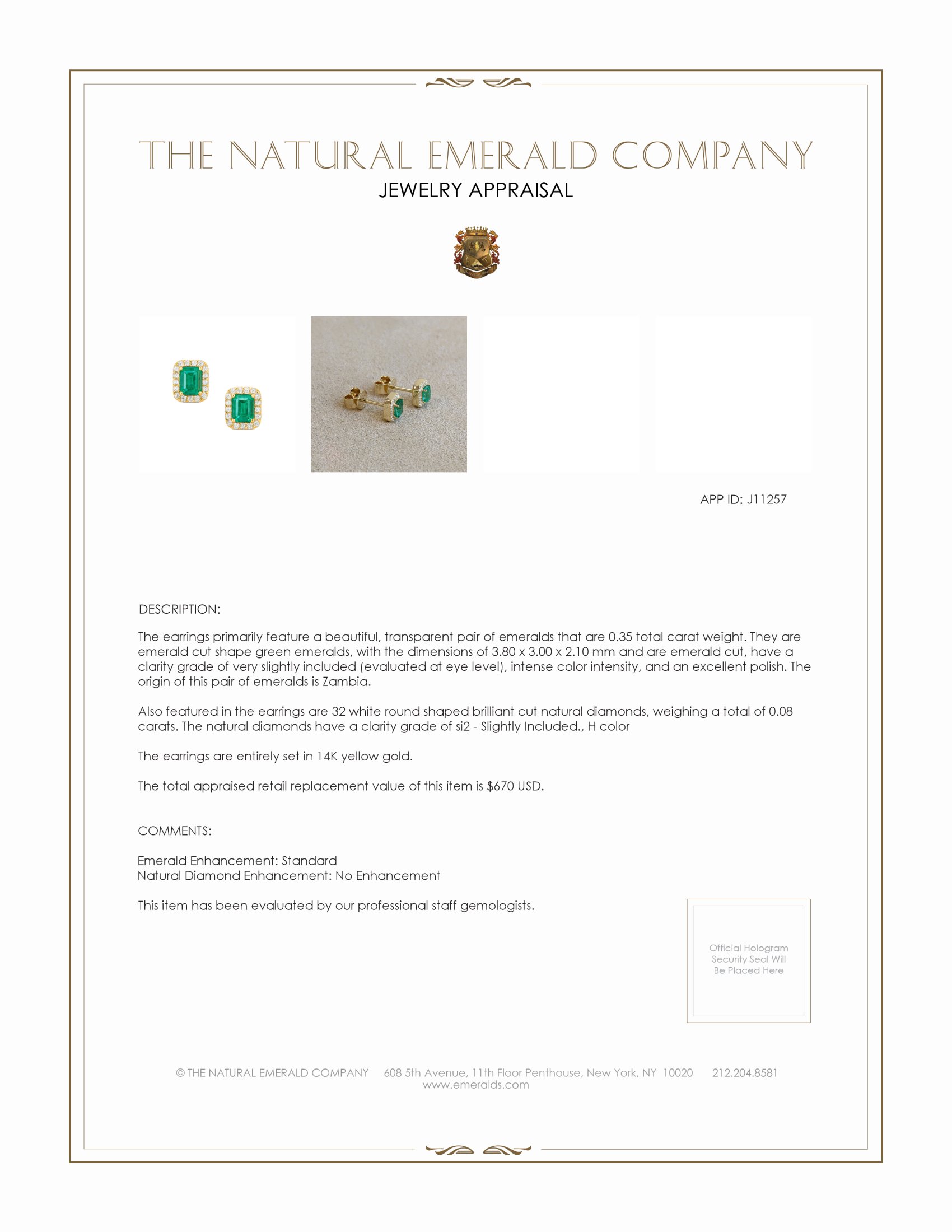 0.35 Ct.Tw. Emerald Natural Diamond Studs Earrings, 14K Yellow Gold