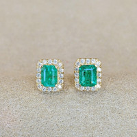 0.35 Ct.Tw. Emerald Natural Diamond Studs Earrings, 14K Yellow Gold Image