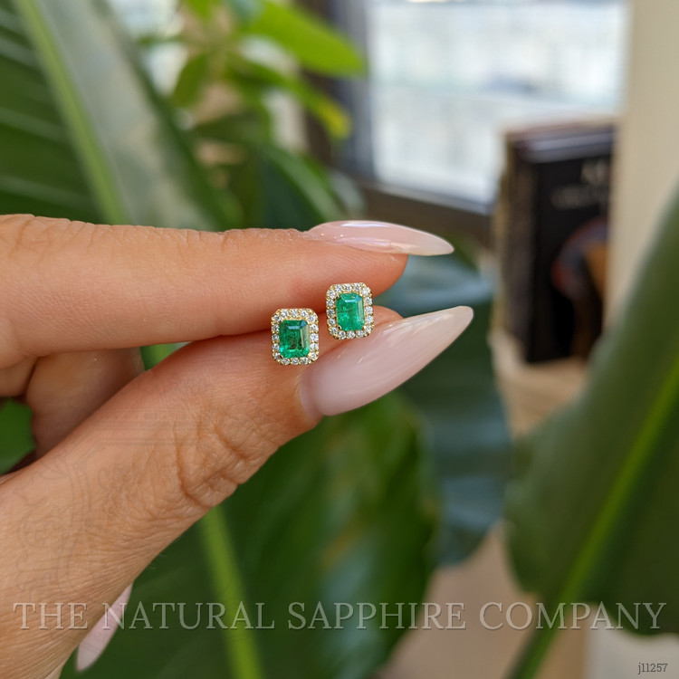 0.35 Ct.Tw. Emerald Natural Diamond Studs Earrings, 14K Yellow Gold