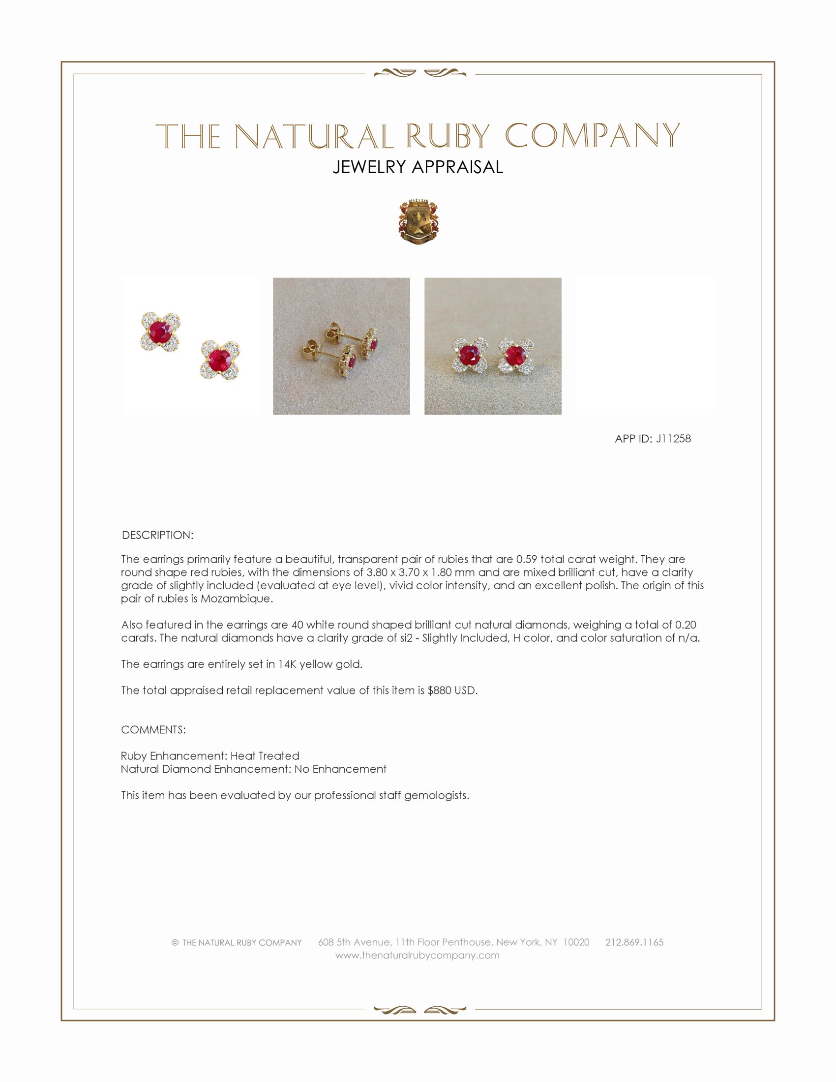 0.59 Ct.Tw. Ruby and Natural Diamond Studs Earrings, 14K Yellow Gold