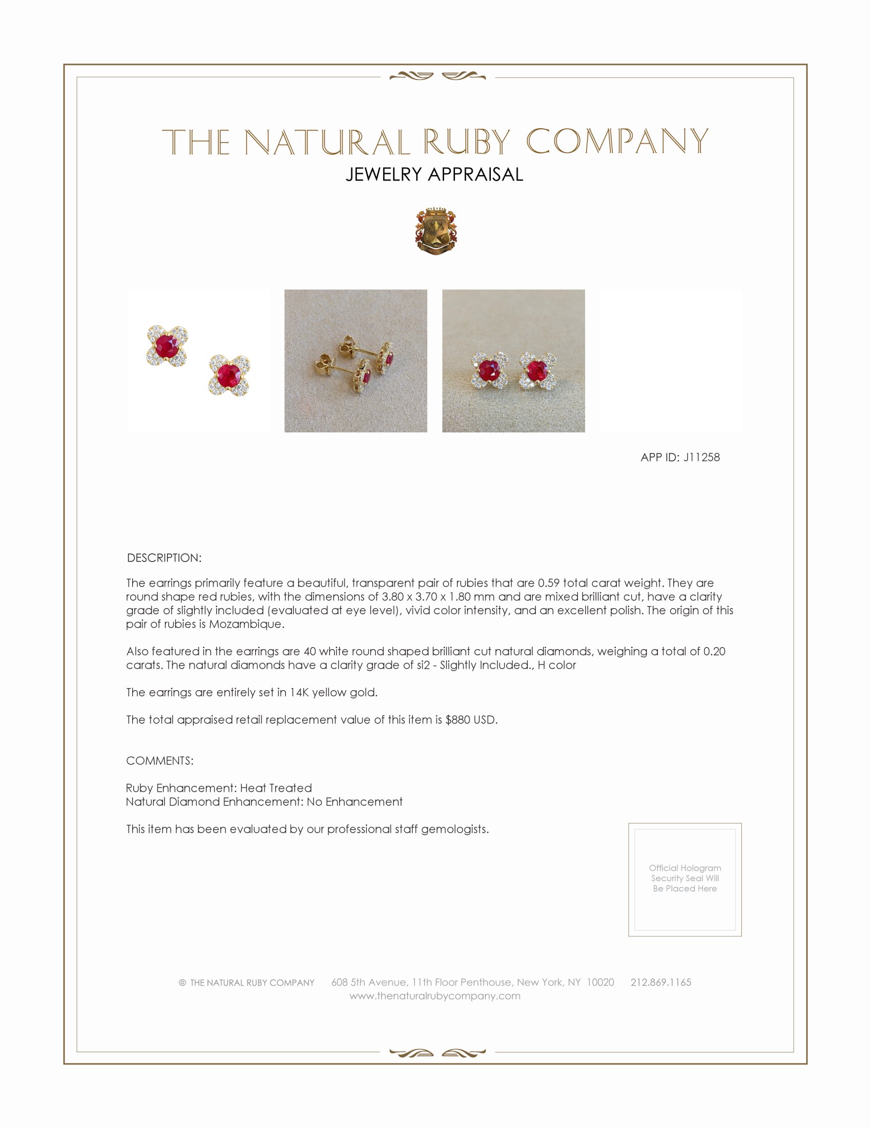 0.59 Ct.Tw. Ruby Natural Diamond Studs Earrings, 14K Yellow Gold