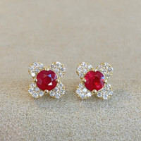 0.59 Ct.Tw. Ruby Natural Diamond Studs Earrings, 14K Yellow Gold Image