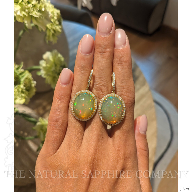 18.56 Ct.Tw. Opal Natural Diamond Pave Earrings, 18K Yellow Gold