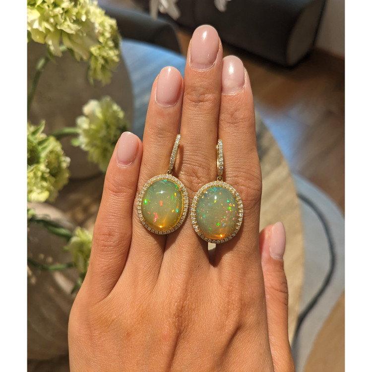 18.56 Ct.Tw. Opal Natural Diamond Pave Earrings, 18K Yellow Gold