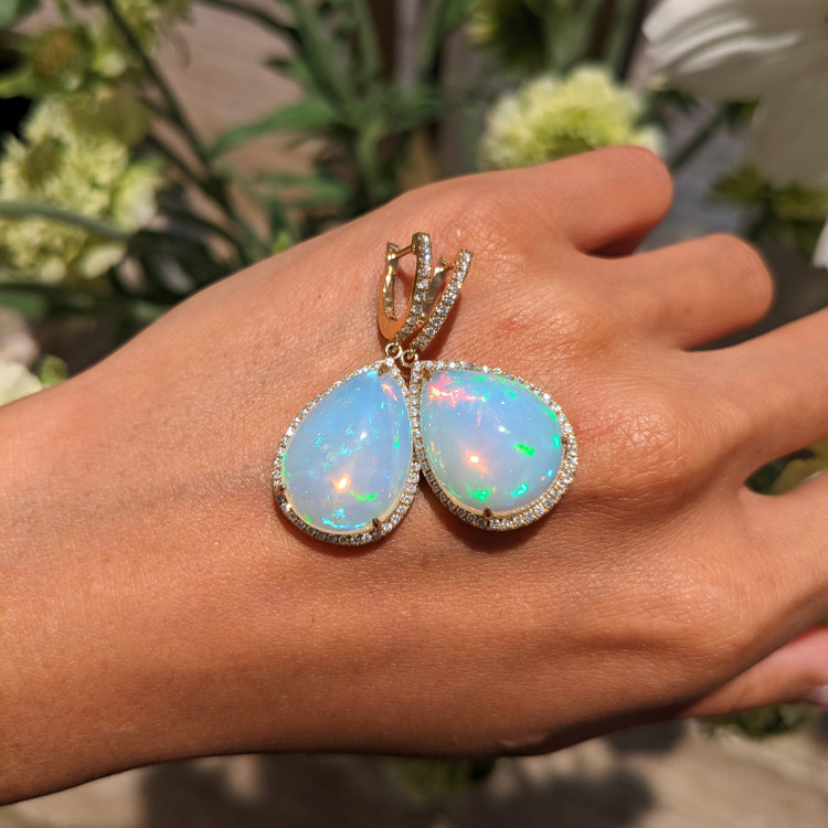 23.54 Ct.Tw. Opal Natural Diamond Pave Earrings, 14K Yellow Gold