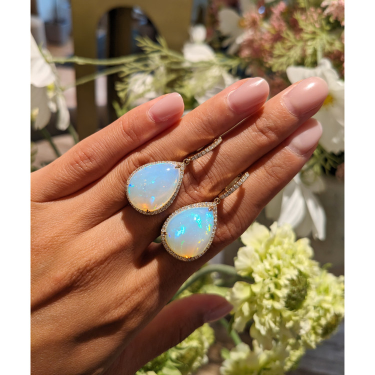 23.54 Ct.Tw. Opal Natural Diamond Pave Earrings, 14K Yellow Gold