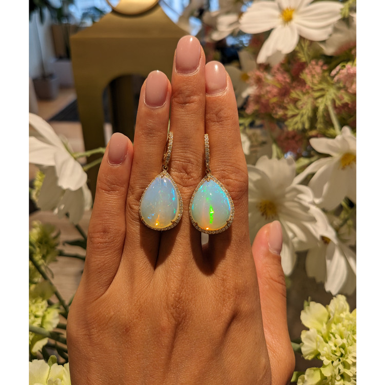 23.54 Ct.Tw. Opal Natural Diamond Pave Earrings, 14K Yellow Gold