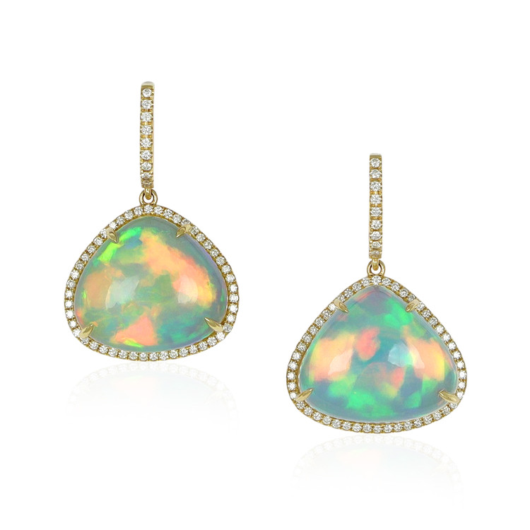 25.38 Ct.Tw. Opal Natural Diamond Pave Earrings, 14K Yellow Gold