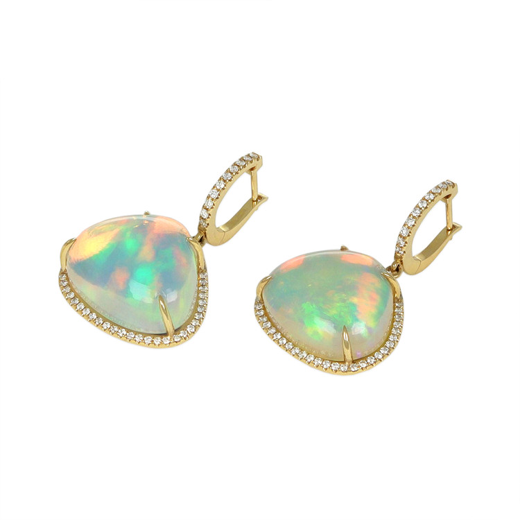 25.38 Ct.Tw. Opal Natural Diamond Pave Earrings, 14K Yellow Gold