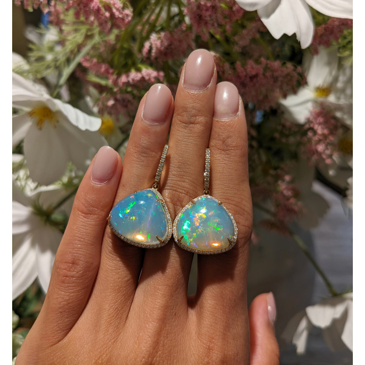 25.38 Ct.Tw. Opal Natural Diamond Pave Earrings, 14K Yellow Gold