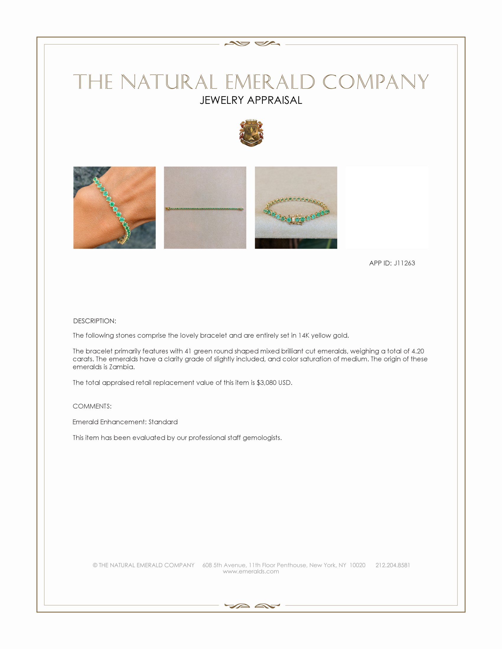 4.20 Ct.Tw. Emerald Tennis/Line Bracelet, 14K Yellow Gold