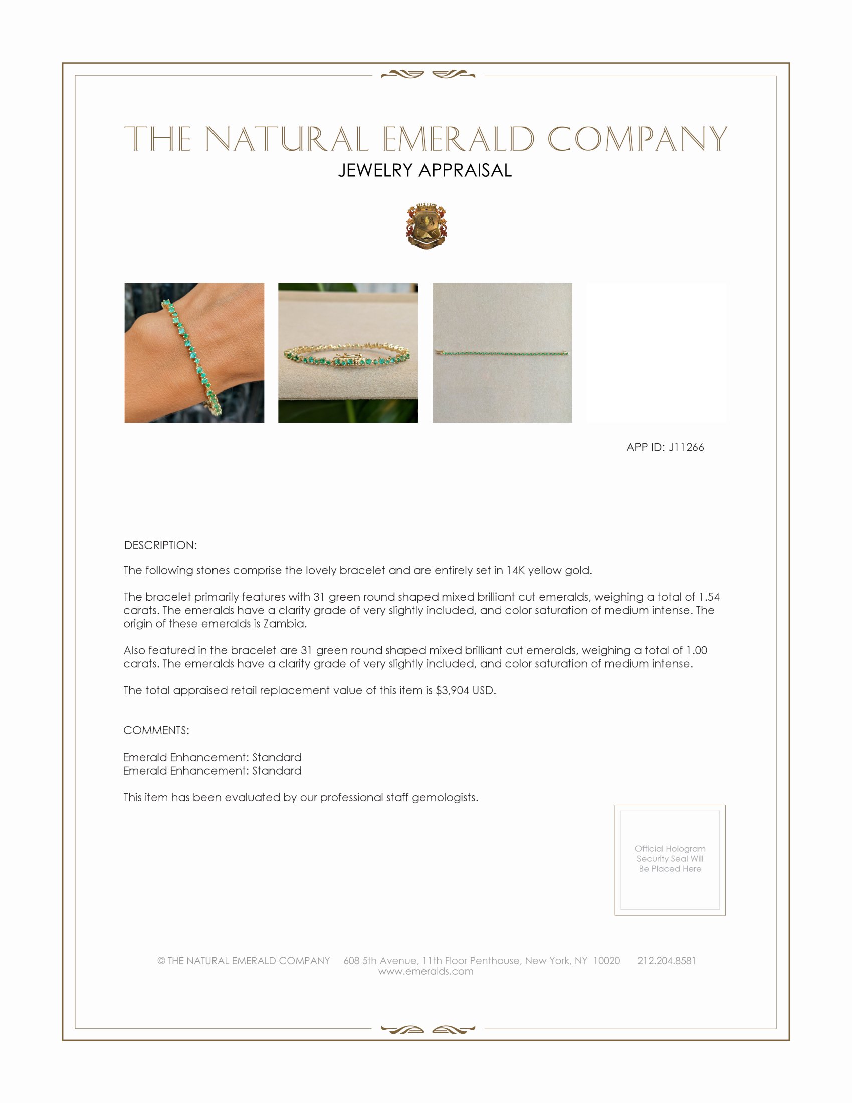 1.54 Ct.Tw. Emerald Tennis/Line Bracelet, 14K Yellow Gold