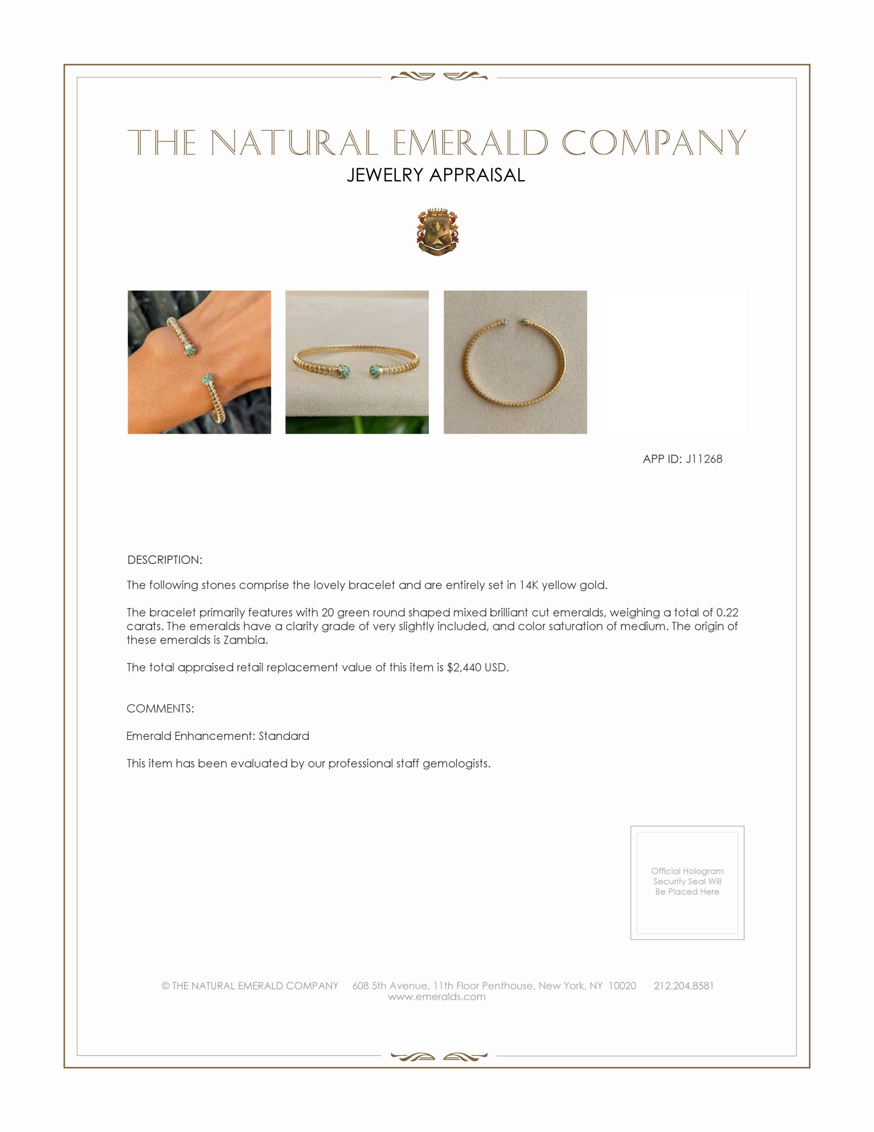 0.22 Ct.Tw. Emerald Bangle Bracelet, 14K Yellow Gold