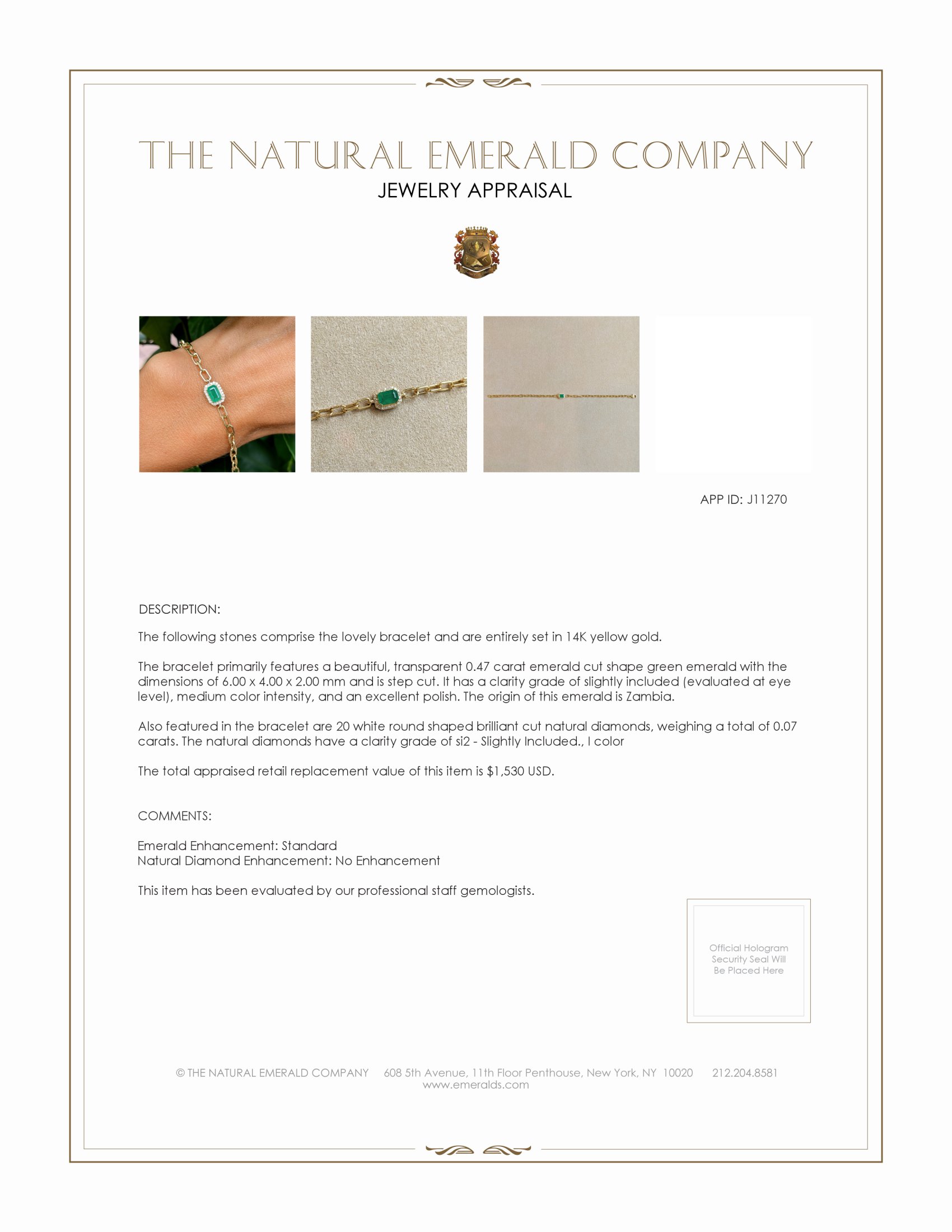 0.47 Ct.Tw. Emerald and Natural Diamond Halo Bracelet, 14K Yellow Gold