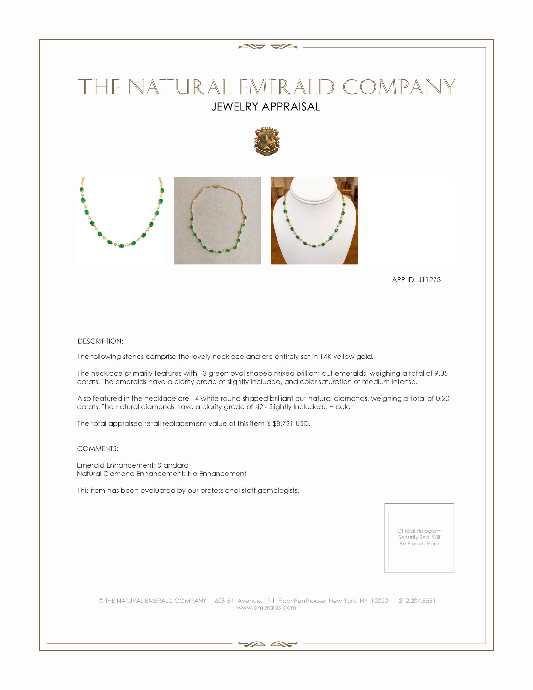 9.35 Ct. Emerald Natural Diamond Accent Stones Necklace, 14K Yellow Gold