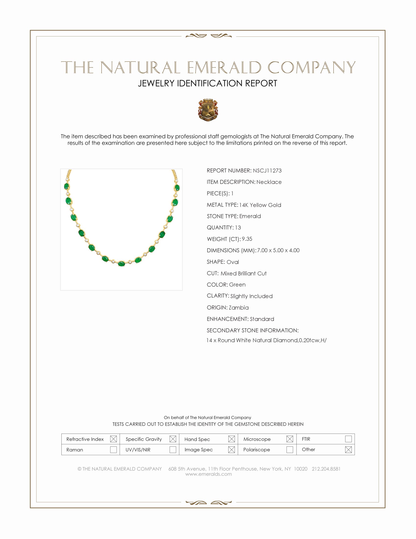 9.35 Ct. Emerald and Natural Diamond Accent Stones Necklace, 14K Yellow Gold