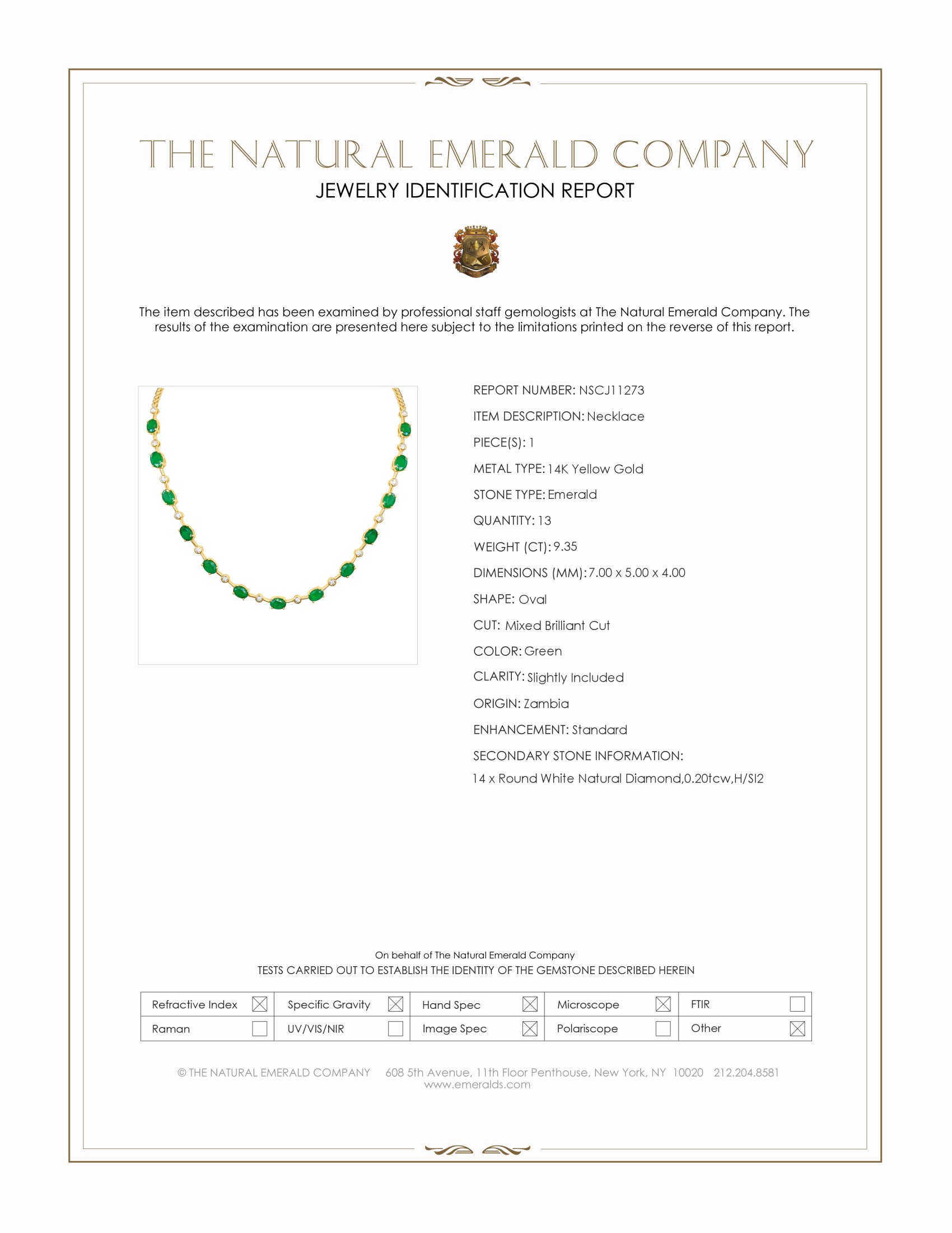 9.35 Ct. Emerald and Natural Diamond Accent Stones Necklace, 14K Yellow Gold