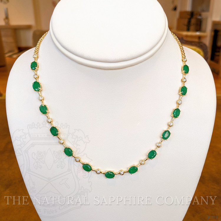 9.35 Ct. Emerald Natural Diamond Accent Stones Necklace, 14K Yellow Gold