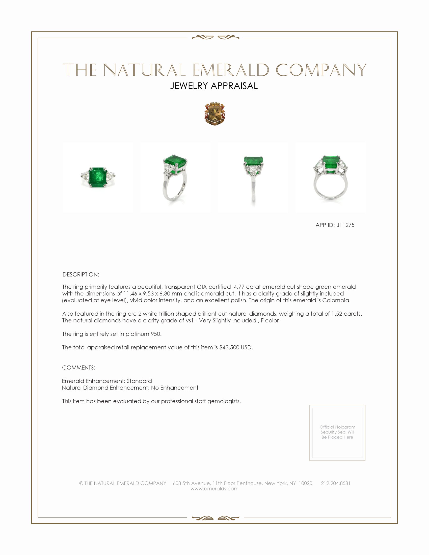 4.77 Ct. Emerald and Natural Diamond Three Stone Ring, Platinum 950