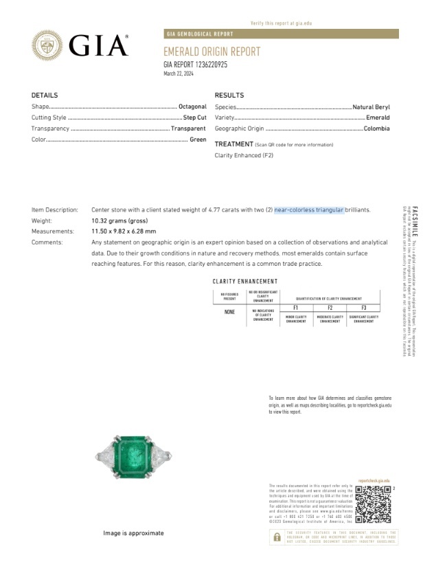 4.77 Ct. Emerald and Natural Diamond Three Stone Ring, Platinum 950