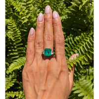 4.77 Ct. Emerald Natural Diamond Three Stone Ring, Platinum 950 Life Style