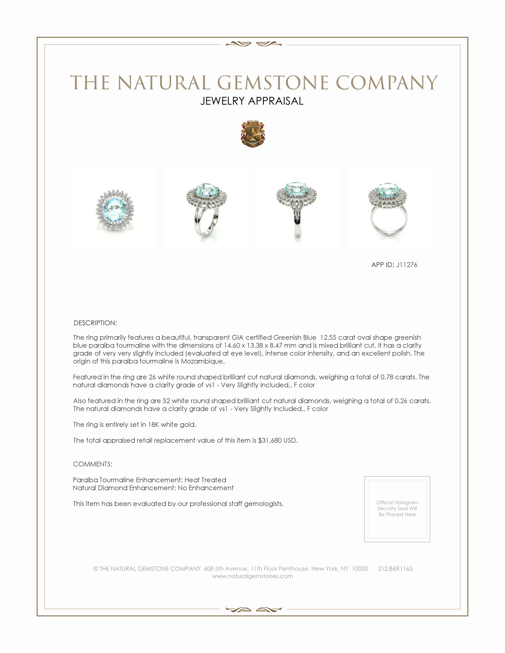 12.55 Ct. Paraiba Tourmaline Natural Diamond Pave Ring, 18K White Gold