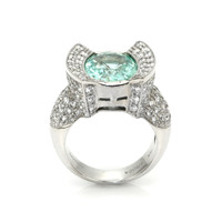 3.90 Ct. Paraiba Tourmaline Natural Diamond Antique Style Ring, 18K White Gold Image
